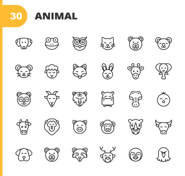 30 Animal Outline Icons. Dog, Frog, Owl, Cat, Bear, Koala Bear, Mouse, Sheep, Fox, Rabbit,  Giraffe, Elephant, Panda, Goat, Lion, Tiger, Hippo, Crocodile, Chick, Cow, Pig, Monkey, Rhinoceros, Bull, Skunk, Deer, Penguin, Eagle, Animal, Pet, Wildlife, Zoo, Jungle, Nature.