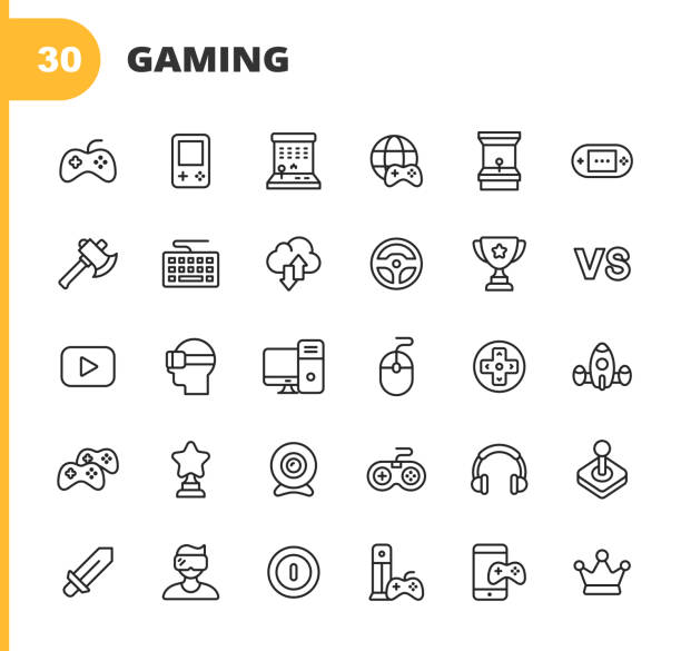 illustrations, cliparts, dessins animés et icônes de icônes de ligne de jeux et de jeux vidéo. course modifiable. pixel parfait. pour mobile et web. contient des icônes telles que jeu vidéo, jeu mobile, appareil, console de jeu, rpg, réalité virtuelle, tireur, clavier, souris, ordinateur, tablette, mul - joystick