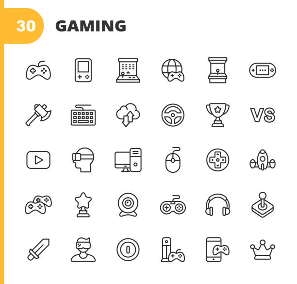 ilustrações de stock, clip art, desenhos animados e ícones de gaming and video games line icons. editable stroke. pixel perfect. for mobile and web. contains such icons as video game, mobile game, device, gaming console, rpg, virtual reality, shooter, keyboard, mouse, computer, tablet, multiplayer, streaming. - video game pc sign portable information device