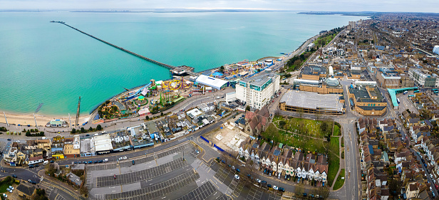 Aerial view of the Southend Pier, a major landmark in Southend-on-Sea and the longest pleasure pier in the whole world