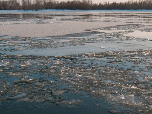 deriva di ghiaccio primaverile sul fiume siberiano al tramonto, pezzi di ghiaccio nell'acqua - siberia river nature photograph foto e immagini stock