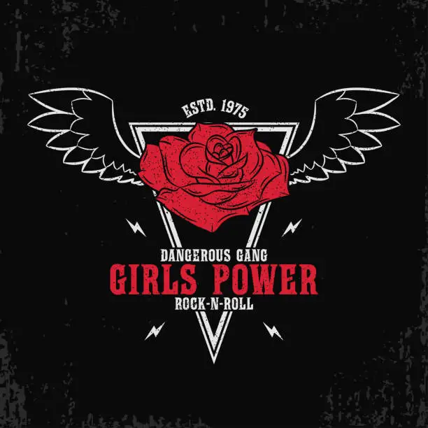 Vector illustration of Rock and roll, girls power - grunge typography for t-shirt, women clothes. Fashion print for female apparel with rose and wings. Vector illustration.
