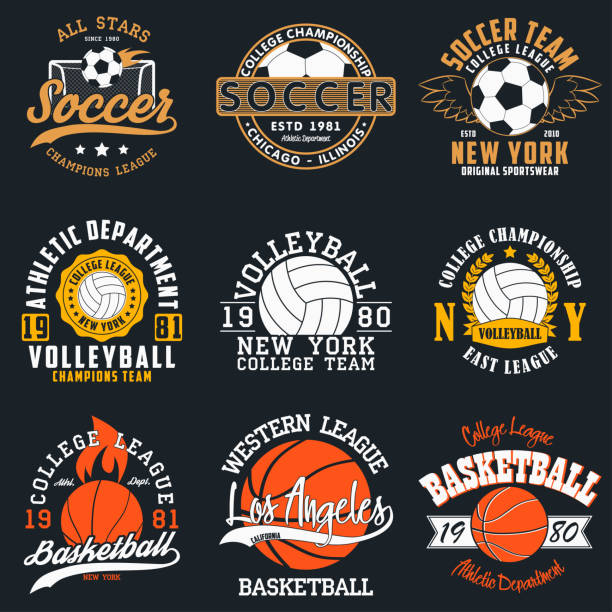 Sports game typography - soccer, volleyball and basketball. Set of athletic print for t-shirt design. Graphics for sport apparel. Collection of tee shirt badge. Vector. Sports game typography - soccer, volleyball and basketball. Set of athletic print for t-shirt design. Graphics for sport apparel. Collection of tee shirt badge. Vector. fire alphabet letter t stock illustrations