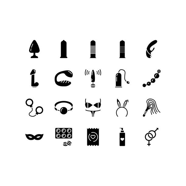 ilustrações de stock, clip art, desenhos animados e ícones de sex shop line icons set. adult toys, dildo, bdsm handcuffs, vibrator vector illustrations. outline pictogram for sexshop, website, flyers and advertising - condom penis sex vector