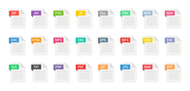 File type icons. Format and extension of documents. Set of pdf, doc, excel, png, jpg, psd, gif, csv, xls, ppt, html, txt and others. Icons for download on computer. Graphic templates for ui. Vector File type icons. Format and extension of documents. Set of pdf, doc, excel, png, jpg, psd, gif, csv, xls, ppt, html, txt and others. Icons for download on computer. Graphic templates for ui. Vector. ppt templates stock illustrations
