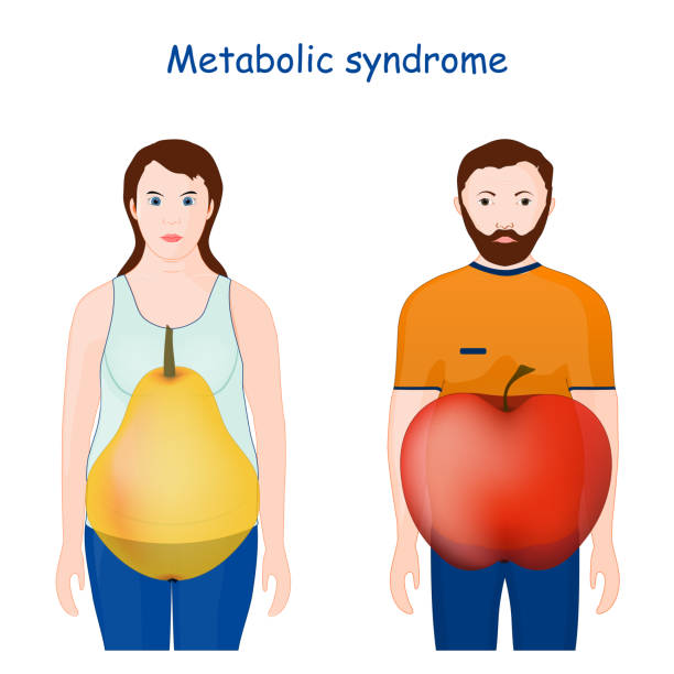 illustrazioni stock, clip art, cartoni animati e icone di tendenza di sindrome metabolica. sintomi. forme del corpo di mele e pere - chaos