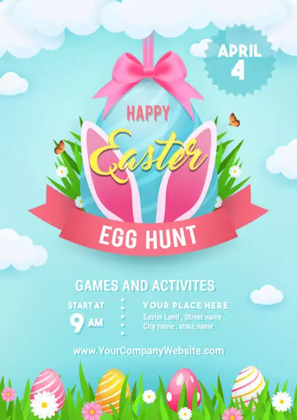 Vector illustration of Happy Easter egg hunt poster design vector illustration. Easter egg hanging on the clouds with spring meadow. flyer invitation