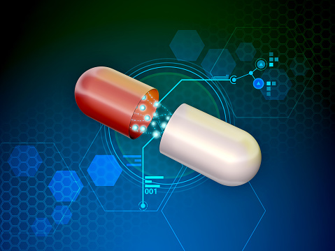 Medicine capsule showing its active ingredients. Digital illustration.