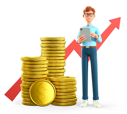 3D illustration of smiling man holding tablet and standing next to a huge stack of gold coins and rising arrow chart. Cartoon businessman, successful investor. Financial consulting, savings concept.