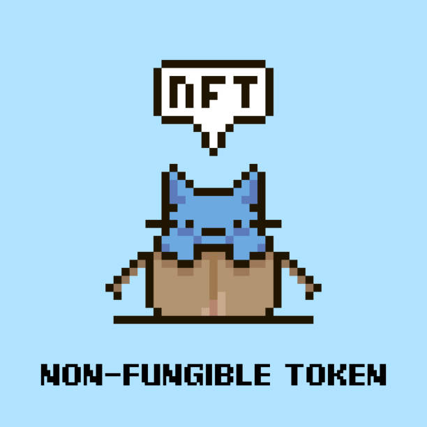 simple flat pixel art illustration of cartoon cute kitten sitting in an open cardboard box and speech-bubble with text NFT and non-fungible token in it colorful simple flat pixel art illustration of cartoon cute kitten sitting in an open cardboard box and speech-bubble with text NFT and non-fungible token in it blockchain clipart stock illustrations