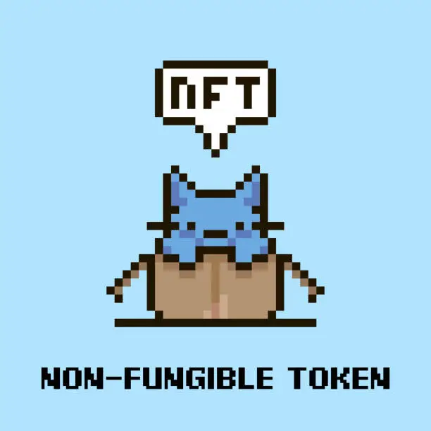 Vector illustration of simple flat pixel art illustration of cartoon cute kitten sitting in an open cardboard box and speech-bubble with text NFT and non-fungible token in it