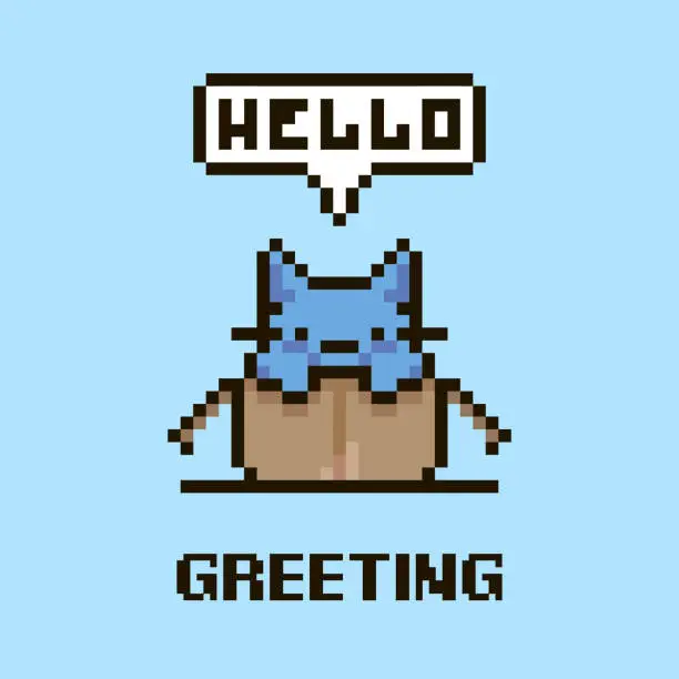 Vector illustration of simple flat pixel art illustration of cartoon cute kitten sitting in an open cardboard box and speech-bubble with text hello in it