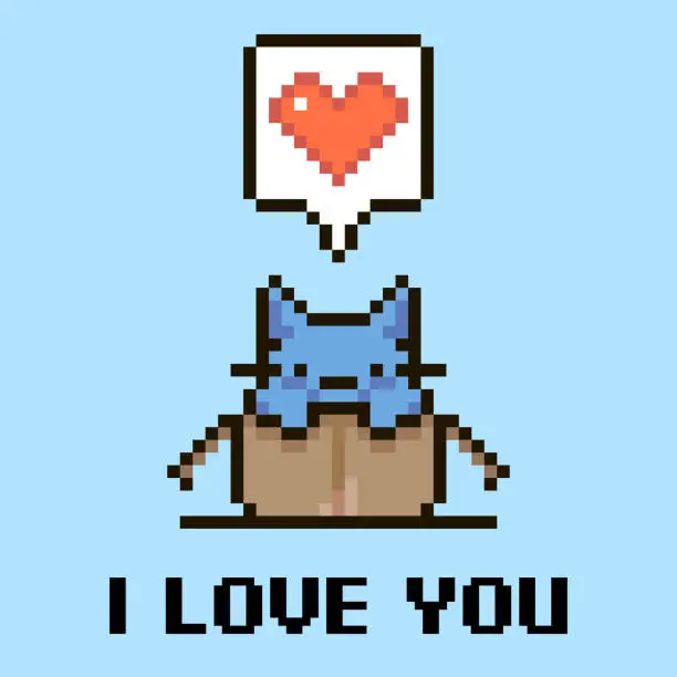 Vector illustration of simple flat pixel art illustration of cartoon cute kitten sitting in an open cardboard box and speech-bubble with heart shape in it