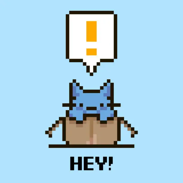 Vector illustration of simple flat pixel art illustration of cartoon cute kitten sitting in an open cardboard box and speech-bubble with exclamation mark in it