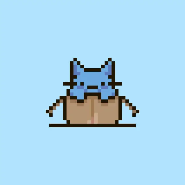 Vector illustration of simple flat pixel art illustration of cartoon cute kitten sitting in an open cardboard box