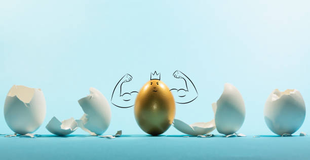 The concept of reliability, resistance to adverse conditions. Intact golden egg among broken white eggs. The concept of reliability, resistance to adverse conditions.  Funny character. resilience stock pictures, royalty-free photos & images