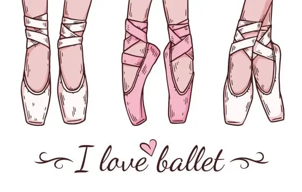 Vector illustration of Ballerinas foots in pointe shoes with ribbons for ballet dance