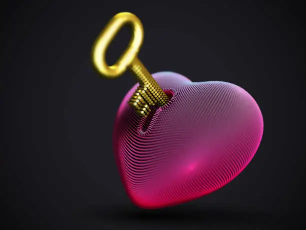 Vector illustration of Red 3D human heart with keyhole and golden key on dark gray background. Relationship, love and marriage concept: padlock in shape of human heart.