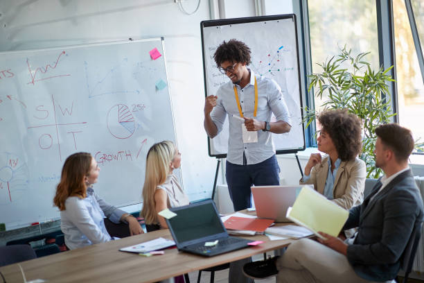 istock Man leaders present  his idea to working team.Business people talking about plan or new project. 1308488868