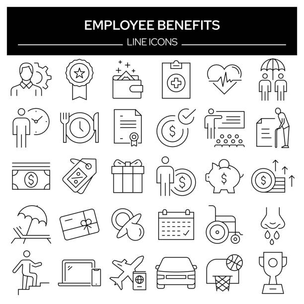 ilustrações de stock, clip art, desenhos animados e ícones de set of employee benefits related line icons. outline symbol collection, editable stroke - pension retirement benefits perks