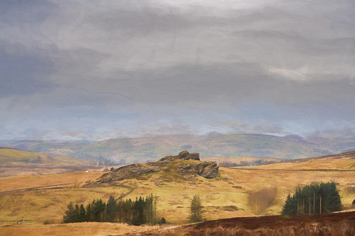 Digital painting of baldstone, and Gib Torr looking towards the Roaches, Ramshaw Rocks, and Hen Cloud during winter in the Peak District National Park.