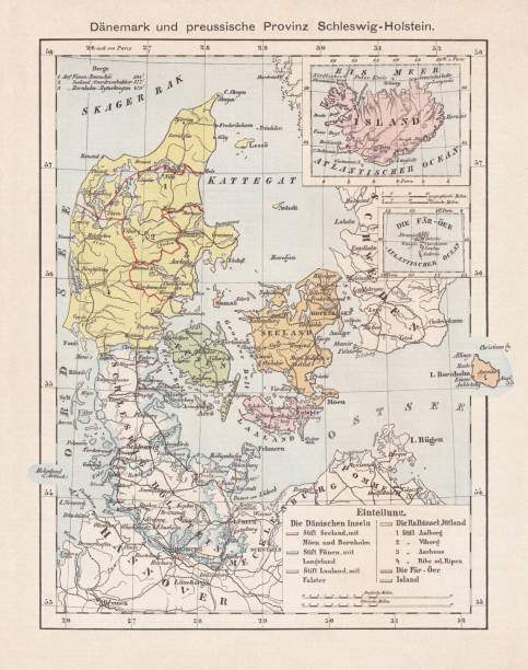istock Map of Denmark, Iceland, Faroe Islands and Schleswig-Holstein. lithograph, 1893 1308491582