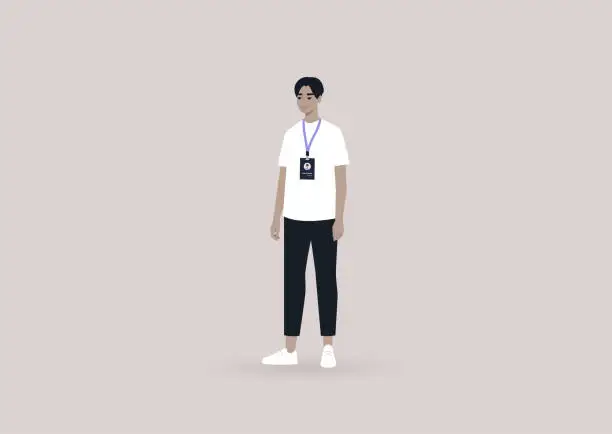 Vector illustration of A young male Asian character wearing a badge, a corporate name tag design, a manager at the conference with an id card