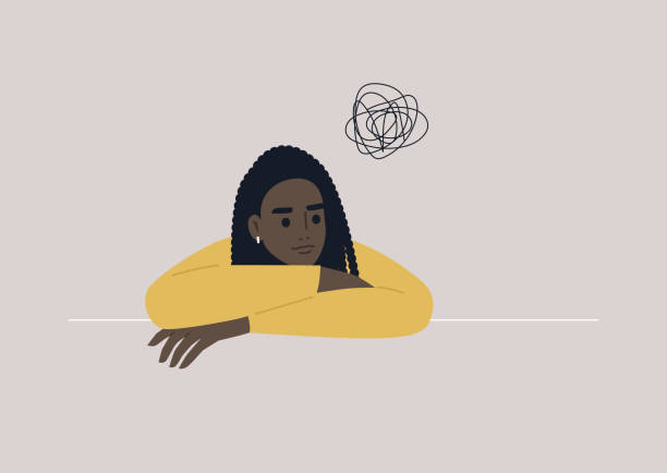 ilustraciones, imágenes clip art, dibujos animados e iconos de stock de un retrato psicológico de una joven confusa personaje negro femenino, un concepto de ansiedad y depresión, psicoterapia - solitude