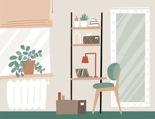 Vector illustration of Workplace at home. Home office interior in Scandinavian style. Table shelf with laptop, books, window. Modern lagom interior in beige colors. Vector flat hand drawn illustration.