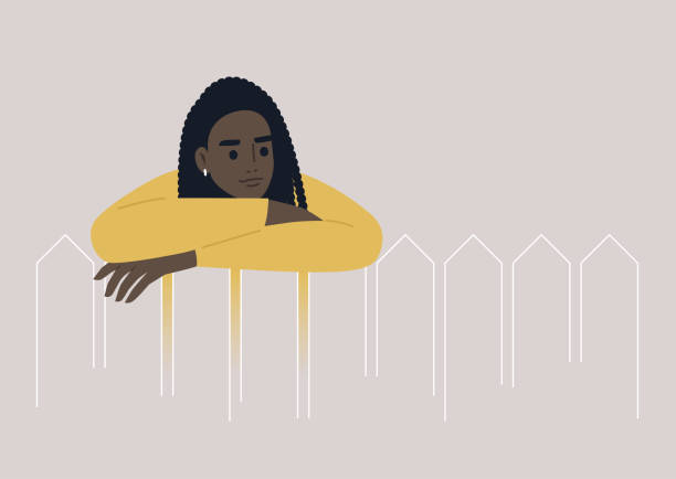 ilustrações, clipart, desenhos animados e ícones de uma jovem personagem negra feminina inclinando-se sobre uma cerca de madeira, uma vida de bairro, ao ar livre - non urban scene silhouette fence gate