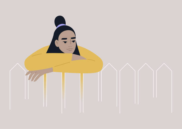 木製のフェンスに身を乗り出す若い女性アジアのキャラクター、近所の生活、屋外 - non urban scene silhouette fence gate点のイラスト素材／クリップアート素材／マンガ素材／アイコン素材