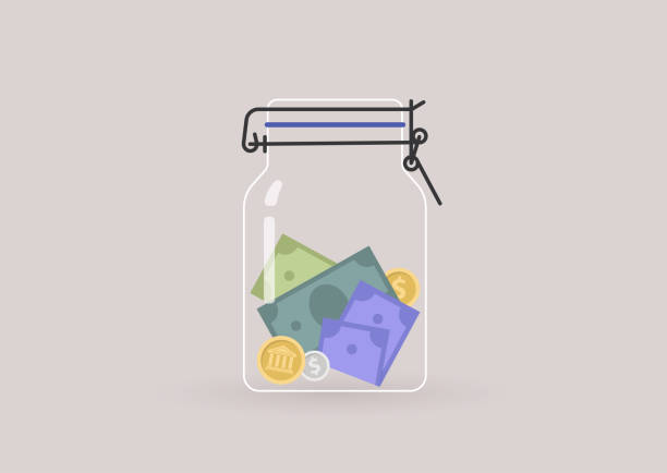 illustrazioni stock, clip art, cartoni animati e icone di tendenza di un barattolo di denaro con monete e valuta cartacea, un conto di risparmio, concetto finanziario - jar coin currency glass