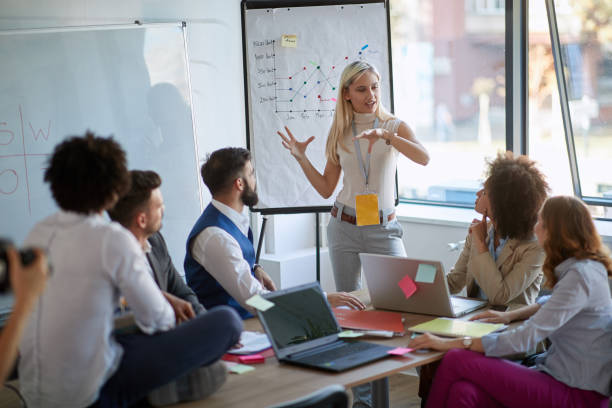 Business woman present  her idea to working team.Business colleagues talking about plan or new project. Business woman present  her idea to working team.Business colleagues talking about plan or new project. image technique stock pictures, royalty-free photos & images