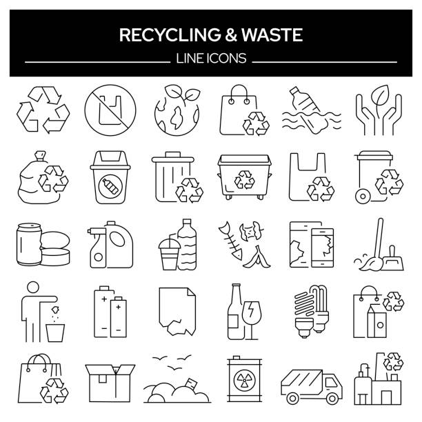 satz von recycling und abfall verwandte linie icons. umrisssymbolsammlung, bearbeitbarer strich - garbage stock-grafiken, -clipart, -cartoons und -symbole