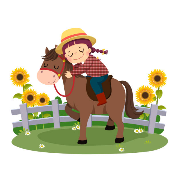 vektor-illustration-cartoon von glücklichen mädchen reiten und umarmung ihr pferd - mounted stock-grafiken, -clipart, -cartoons und -symbole