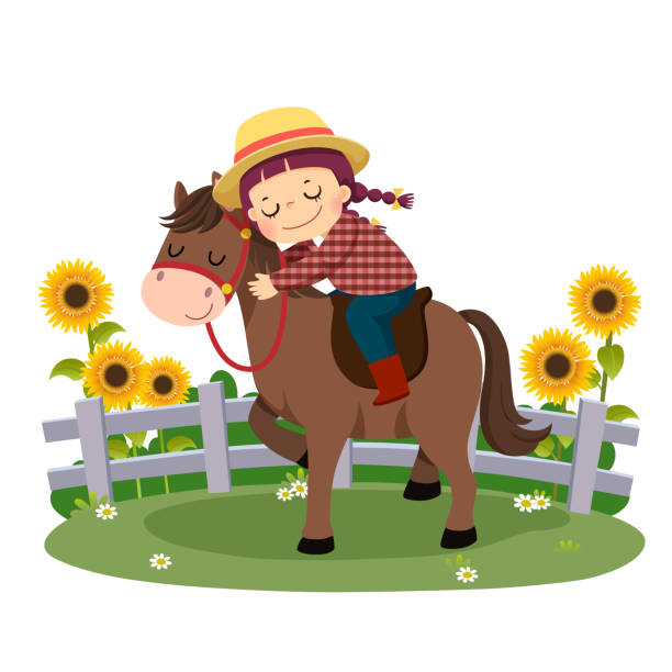 illustrazioni stock, clip art, cartoni animati e icone di tendenza di illustrazione vettoriale cartone animato di ragazza felice che cavalca e abbraccia il suo cavallo - horse child pony little girls