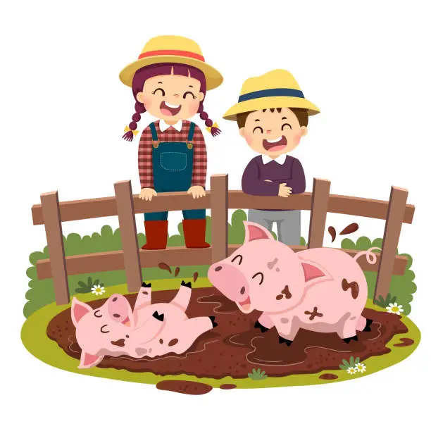 Vector illustration of Vector illustration cartoon of happy kids looking at pig and piglet playing in mud puddle