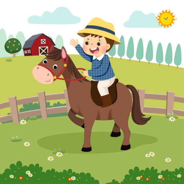 ilustrações, clipart, desenhos animados e ícones de desenho animado de ilustração vetorial de menino montando um cavalo na fazenda. - horseback riding cowboy riding recreational pursuit