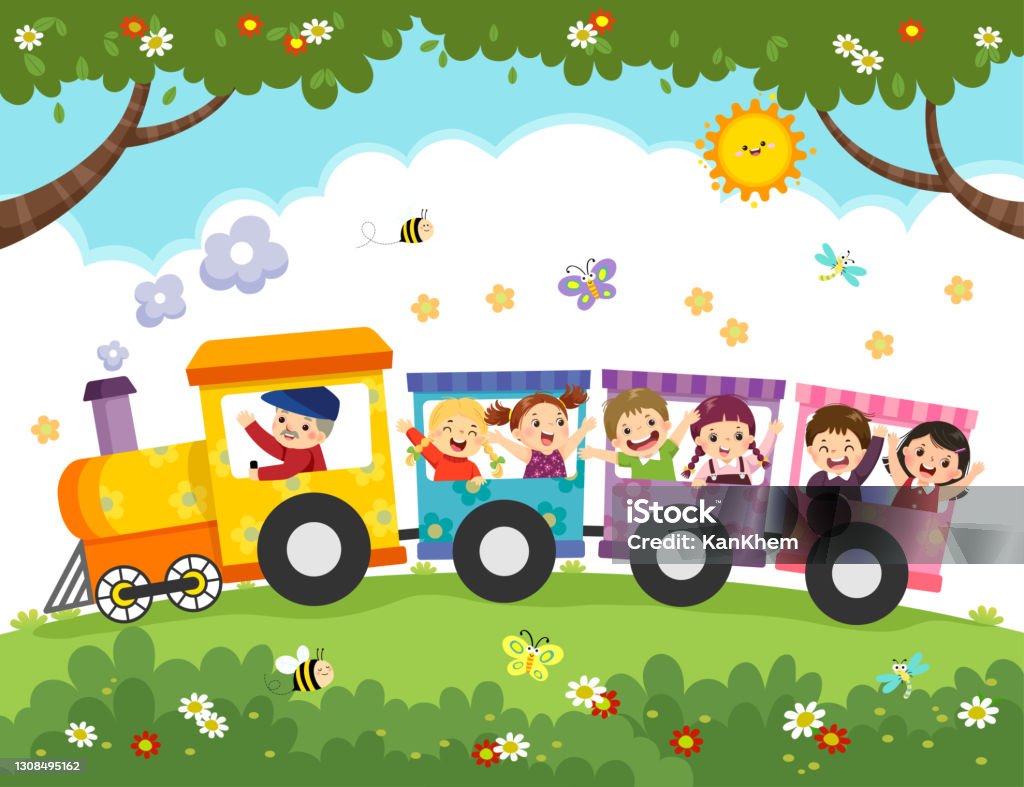 Ilustración de Ilustración Vectorial De Dibujos Animados De Niños Felices  Con El Tren y más Vectores Libres de Derechos de Tren - iStock