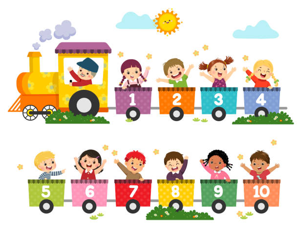ilustraciones, imágenes clip art, dibujos animados e iconos de stock de ilustración vectorial de dibujos animados de niños de preescolar felices con los números de tren. tarjeta para números de aprendizaje. - number 10 illustrations