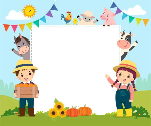 Vector illustration of Template for advertising brochure with cartoon of farmer kids and farm animals.