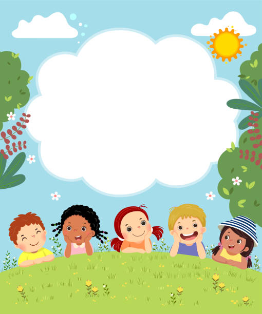 Template for advertising brochure with cartoon of happy kids laying on the grass. Template for advertising brochure with cartoon of happy kids laying on the grass. backgrounds environment vertical outdoors stock illustrations