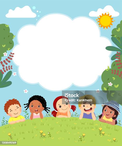 Template For Advertising Brochure With Cartoon Of Happy Kids Laying On The  Grass Stock Illustration - Download Image Now - iStock