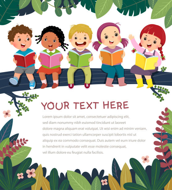 Template For Advertising Brochure With Cartoon Of Happy Kids On The Tree  Branch Reading Book Stock Illustration - Download Image Now - iStock