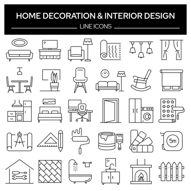 seperangkat dekorasi rumah dan ikon garis terkait desain interior. koleksi simbol kerangka, goresan yang dapat diedit - carpet decor ilustrasi stok