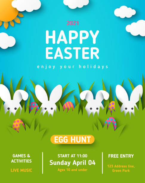 Easter egg hunt Easter egg hunt announcing poster with white paper cut bunny rabbits in spring lawn grass, hidden colored eggs, party flyer, banner or invitation template layout. Vector illustration. Place for text easter background stock illustrations