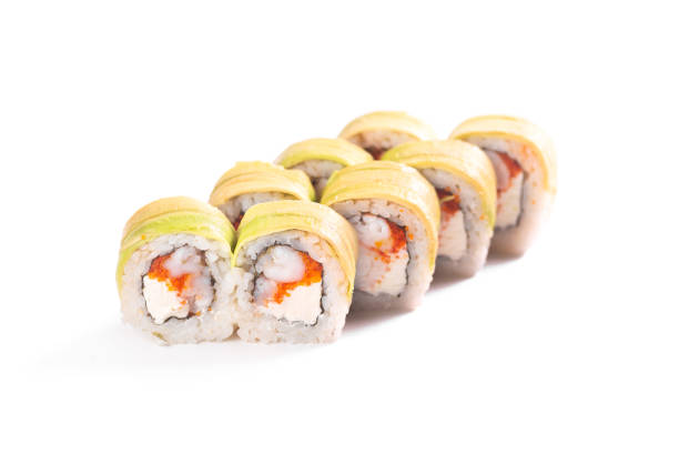 istock Cucumber sushi set on white background 1308503476