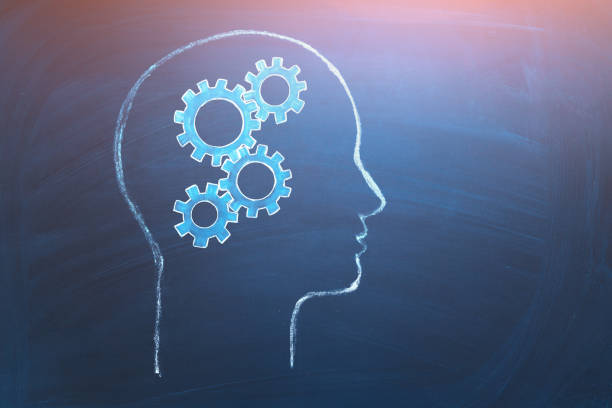 Concept of human intelligence. Head and Brain Gears in Progress. Education, intellectual property, brainstorming or thinking process, mental health symbol