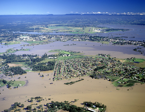 flood waters from the Hawkesbury river surround the town of Windsor , Sydney Australia in 1986.