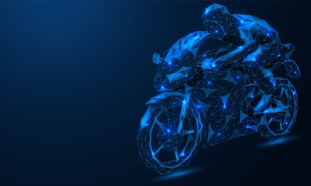 A racer on a sports motorcycle. A racer on a sports motorcycle. Polygonal construction of concatenated lines and points. Blue background. motorcycle racing stock illustrations
